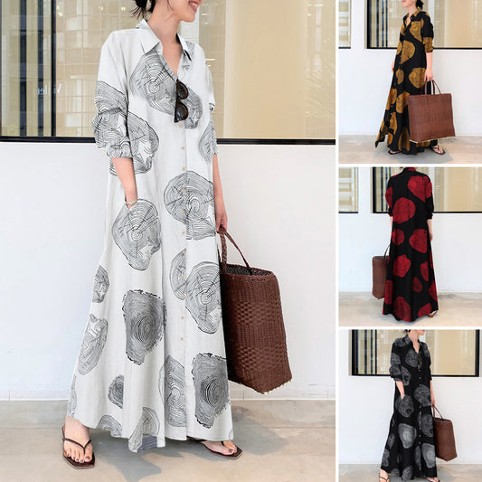 Cotton Linen Printed Long Sleeve Simple Loose Casual Long Shirt Dresses
