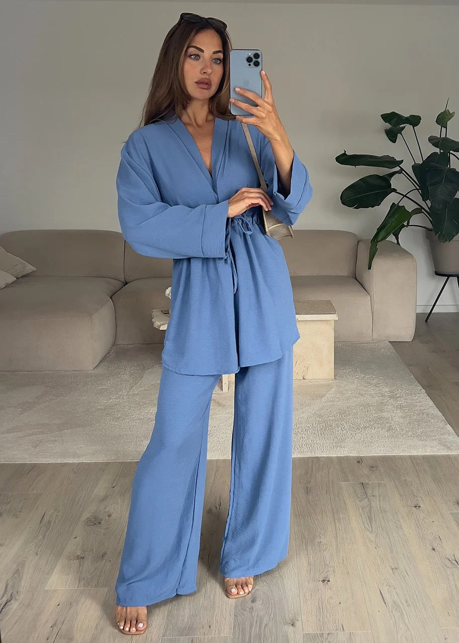 Long Sleeve Lace-Up Top Lounge Pants Set Comfortable Two Piece Set