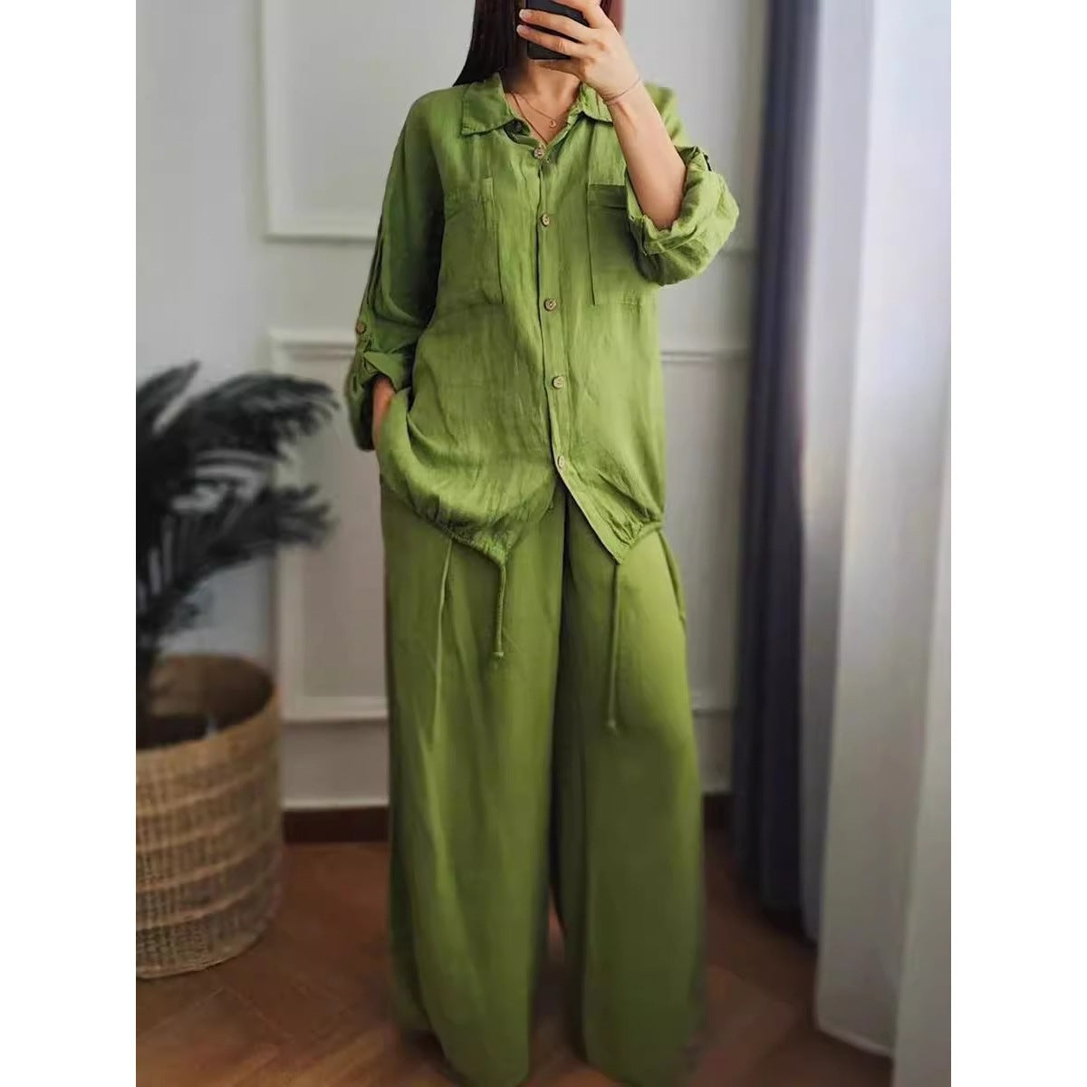 Large Size Loose Temperament Cotton Linen Button High Waist Solid Colour Long Sleeve Shirt Set