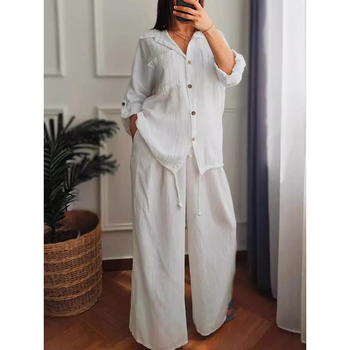 Large Size Loose Temperament Cotton Linen Button High Waist Solid Colour Long Sleeve Shirt Set