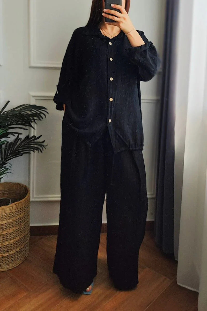 Large Size Loose Temperament Cotton Linen Button High Waist Solid Colour Long Sleeve Shirt Set