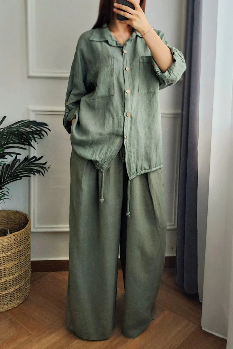Large Size Loose Temperament Cotton Linen Button High Waist Solid Colour Long Sleeve Shirt Set