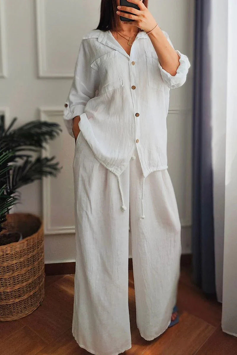 Large Size Loose Temperament Cotton Linen Button High Waist Solid Colour Long Sleeve Shirt Set
