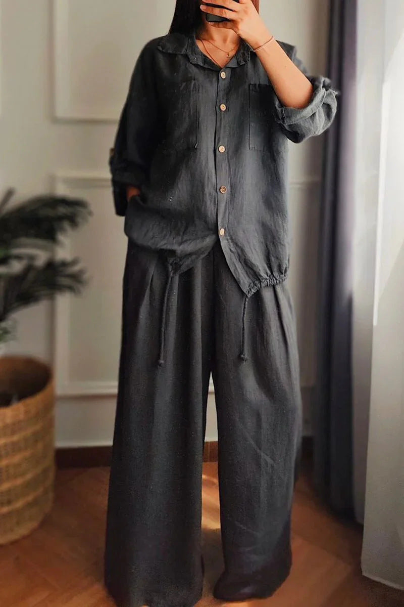 Large Size Loose Temperament Cotton Linen Button High Waist Solid Colour Long Sleeve Shirt Set