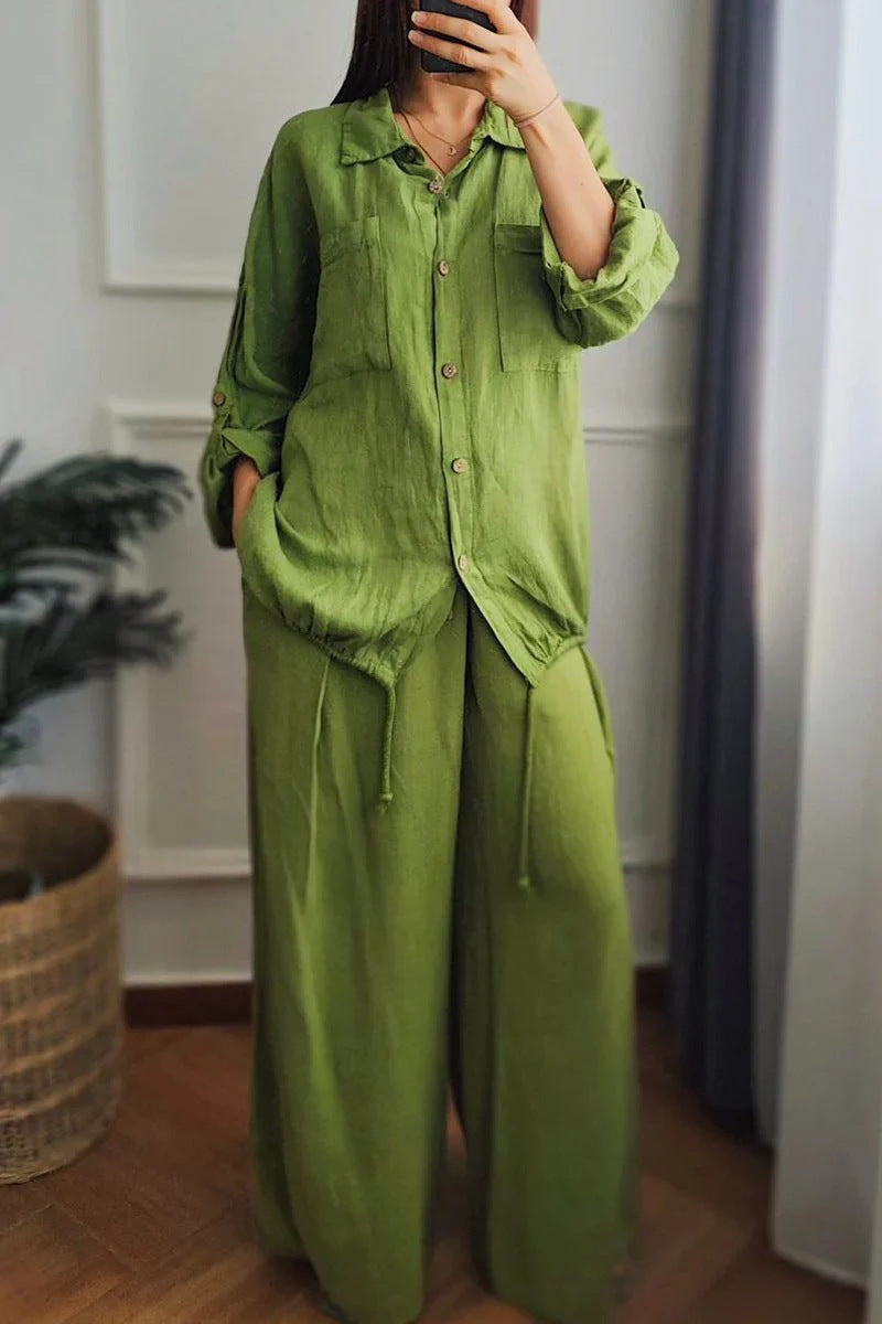 Large Size Loose Temperament Cotton Linen Button High Waist Solid Colour Long Sleeve Shirt Set