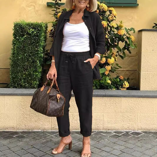 (Any two items 25% off ) Casual cotton-linen jacket and loose-fitting trousers set