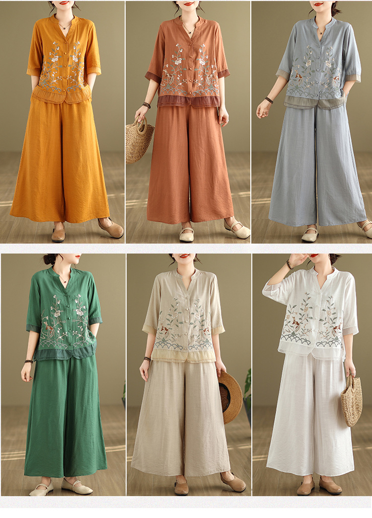 2025 Summer Cotton Linen Small Standing Collar Embroidered Top + Wide Leg Pants Loose Fashion Two Piece Set