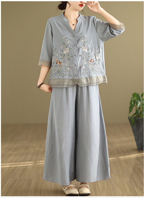 2025 Summer Cotton Linen Small Standing Collar Embroidered Top + Wide Leg Pants Loose Fashion Two Piece Set