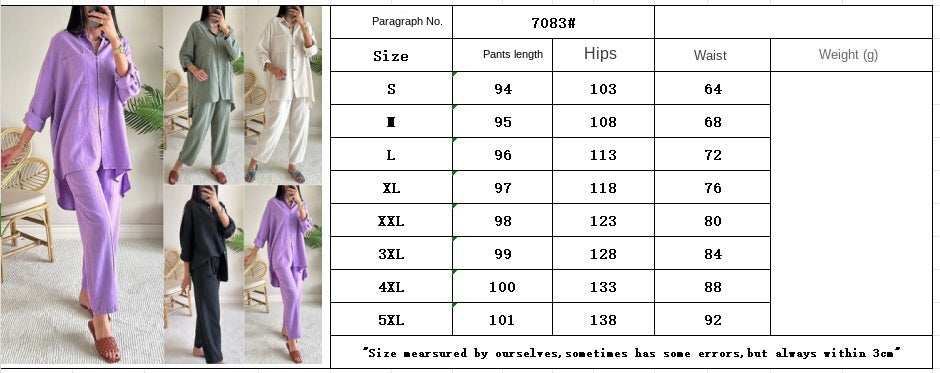 2025 new 2 pieces set of large size cotton linen shirt suit high waist loose trousers