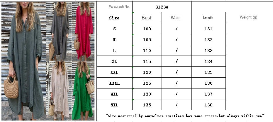 2025 Summer Loose Solid Color Cotton and Linen Fashion Long Sleeve Shirt Long Dresses