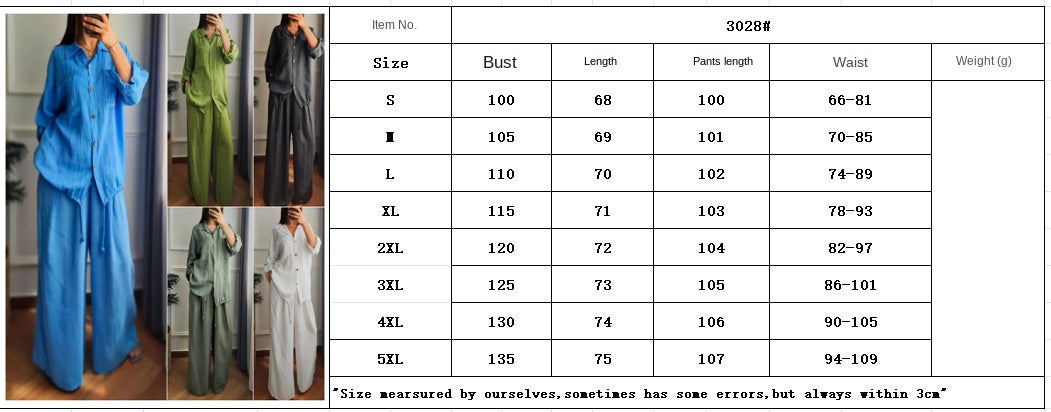 Large Size Loose Temperament Cotton Linen Button High Waist Solid Colour Long Sleeve Shirt Set