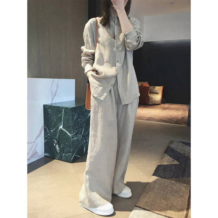Linen Women's Cotton Linen Idle Feeling Shirt Wide Leg Pants Set