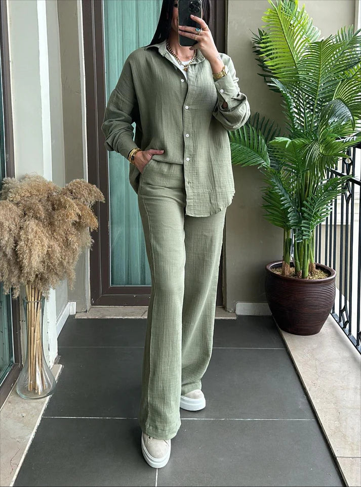 2025 Spring and Autumn Women's Long Sleeve Shirt Loose Pants Two Piece Set