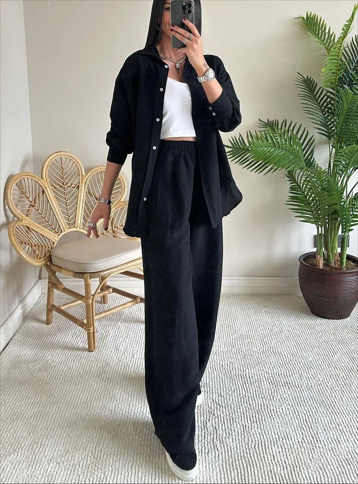 2025 Spring and Autumn Women's Long Sleeve Shirt Loose Pants Two Piece Set