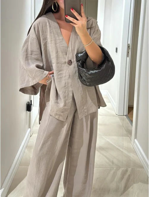 2025 Loose Women's V-Neck Top and Wide Leg Pants Casual Set