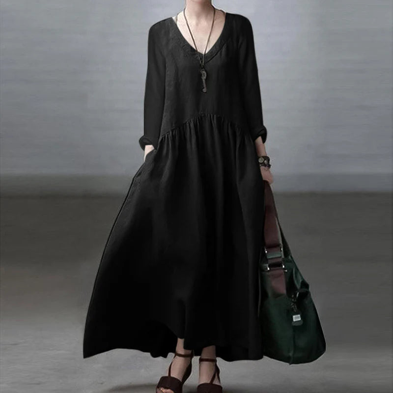 V-neck Elegant Vest Dress Women Casual Solid Color Loose Long Dress