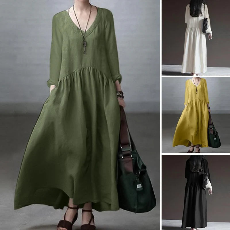 V-neck Elegant Vest Dress Women Casual Solid Color Loose Long Dress