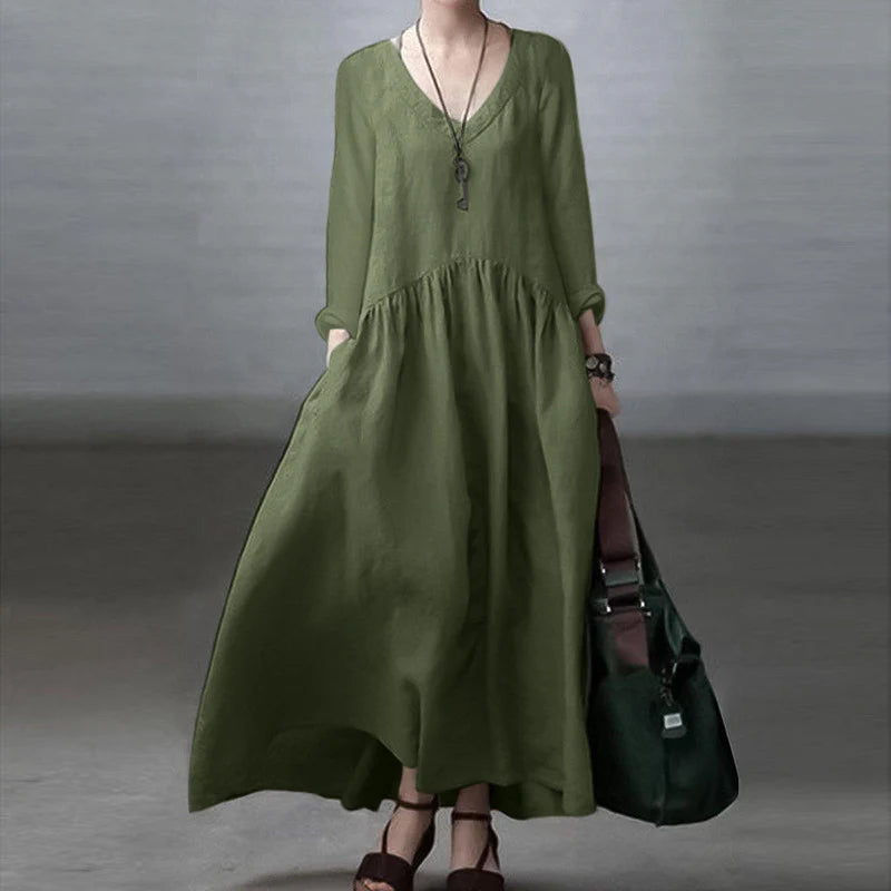 V-neck Elegant Vest Dress Women Casual Solid Color Loose Long Dress