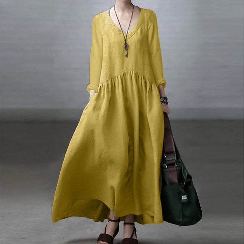 V-neck Elegant Vest Dress Women Casual Solid Color Loose Long Dress