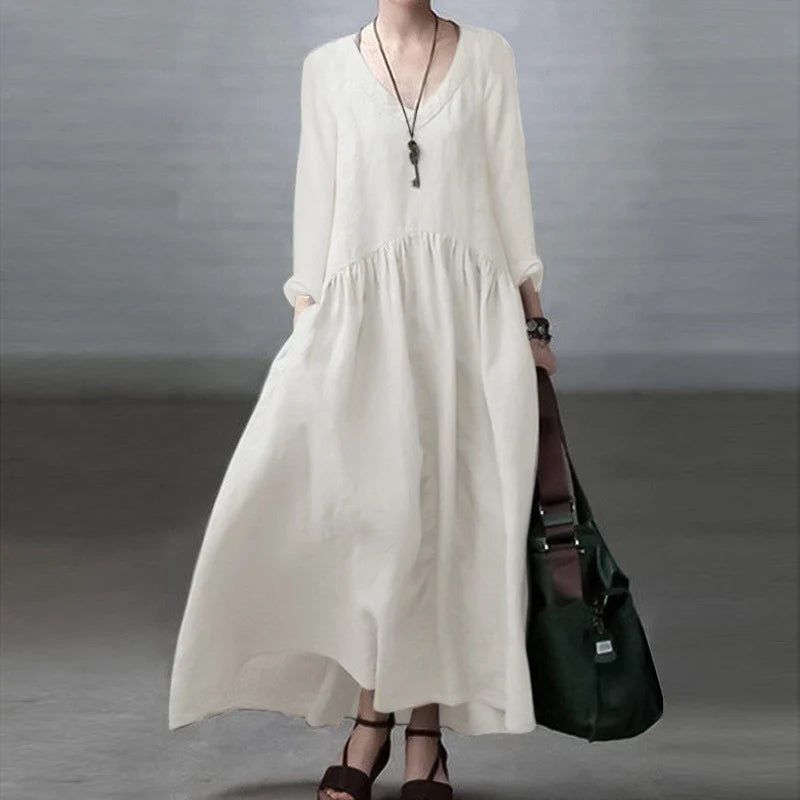 V-neck Elegant Vest Dress Women Casual Solid Color Loose Long Dress
