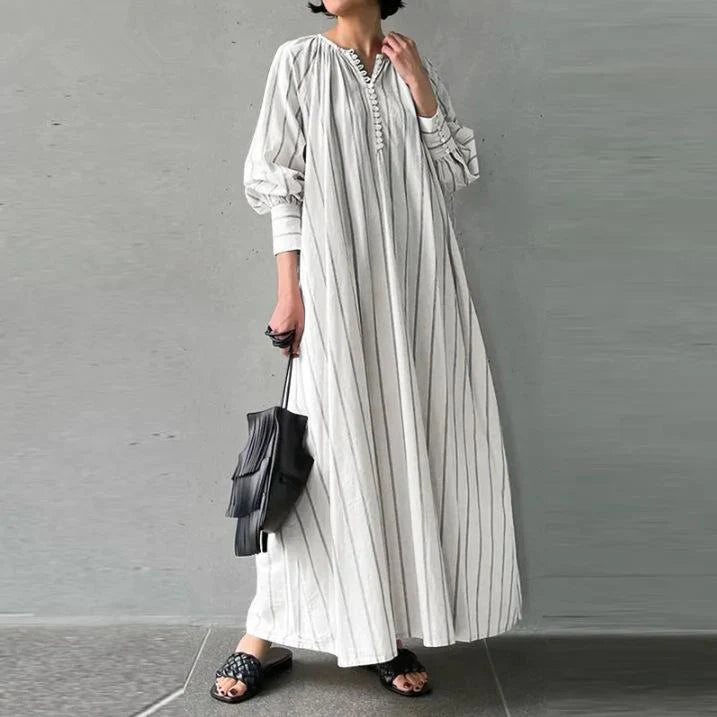 New Artistic Style Cotton And Linen Striped Round Neck Long Sleeve Slip Bag Simple Loose Long Pullover Dress