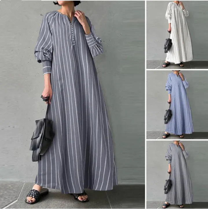 New Artistic Style Cotton And Linen Striped Round Neck Long Sleeve Slip Bag Simple Loose Long Pullover Dress