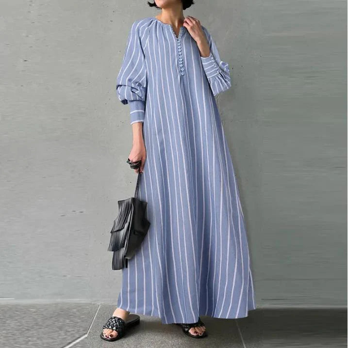 New Artistic Style Cotton And Linen Striped Round Neck Long Sleeve Slip Bag Simple Loose Long Pullover Dress