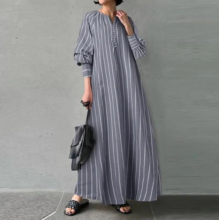 New Artistic Style Cotton And Linen Striped Round Neck Long Sleeve Slip Bag Simple Loose Long Pullover Dress