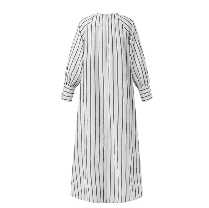 New Artistic Style Cotton And Linen Striped Round Neck Long Sleeve Slip Bag Simple Loose Long Pullover Dress