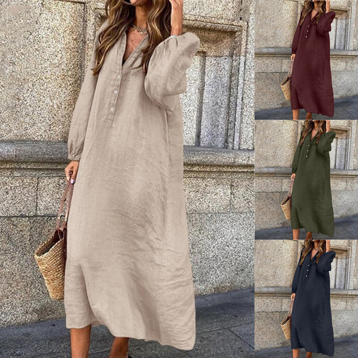 New Cotton Linen Solid Colour Long Sleeve V-Neck Button Long Dress
