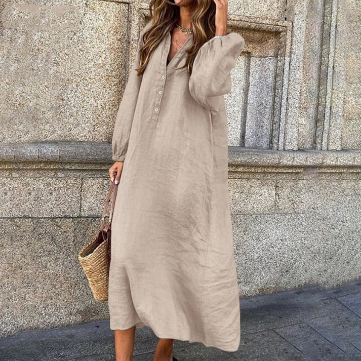 New Cotton Linen Solid Colour Long Sleeve V-Neck Button Long Dress