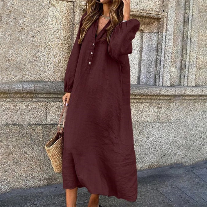New Cotton Linen Solid Colour Long Sleeve V-Neck Button Long Dress