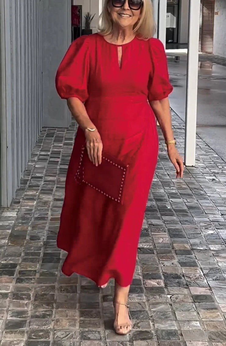 Women's Solid Color Loose Casual Crewneck Puff Sleeve Dress