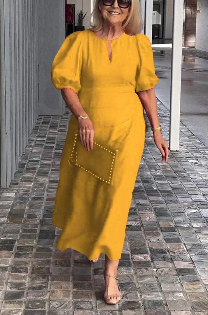 Women's Solid Color Loose Casual Crewneck Puff Sleeve Dress