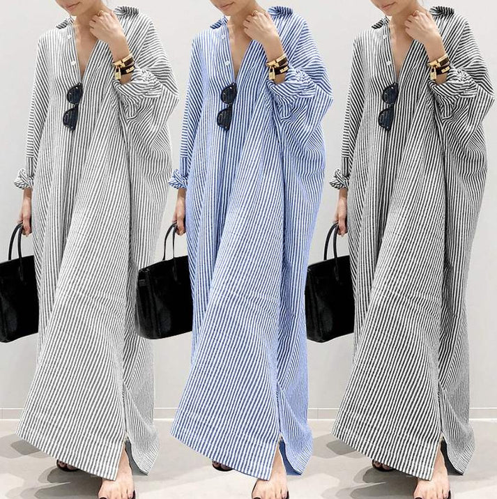 Long Striped Straight Dress Shirt Dress Loose Jacket Seven Sleeve Dress