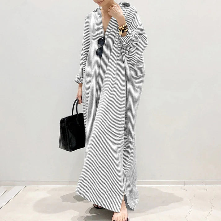 Long Striped Straight Dress Shirt Dress Loose Jacket Seven Sleeve Dress