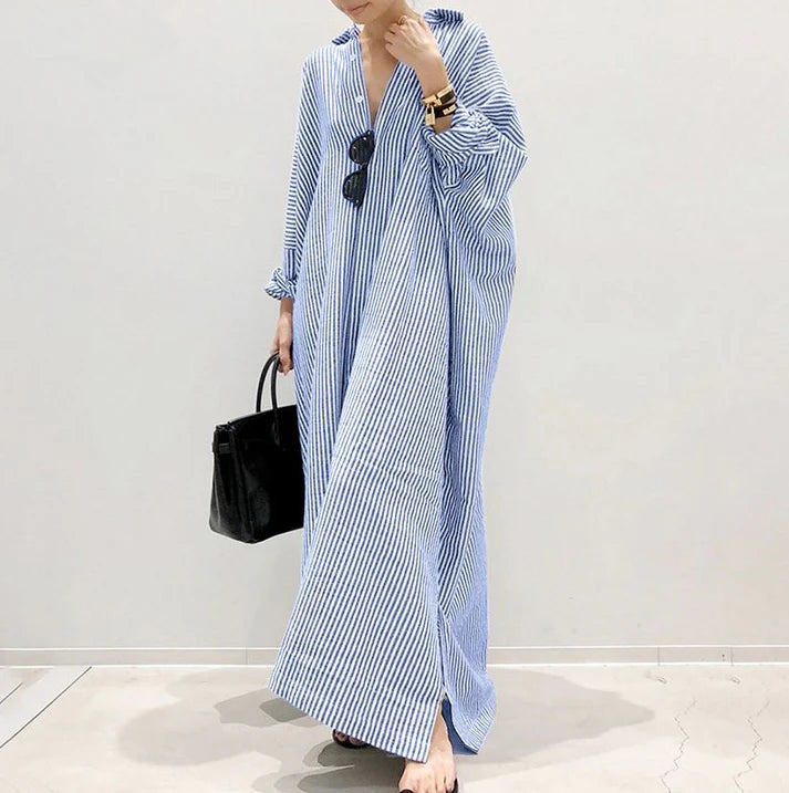 Long Striped Straight Dress Shirt Dress Loose Jacket Seven Sleeve Dress