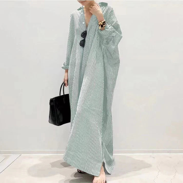 Long Striped Straight Dress Shirt Dress Loose Jacket Seven Sleeve Dress