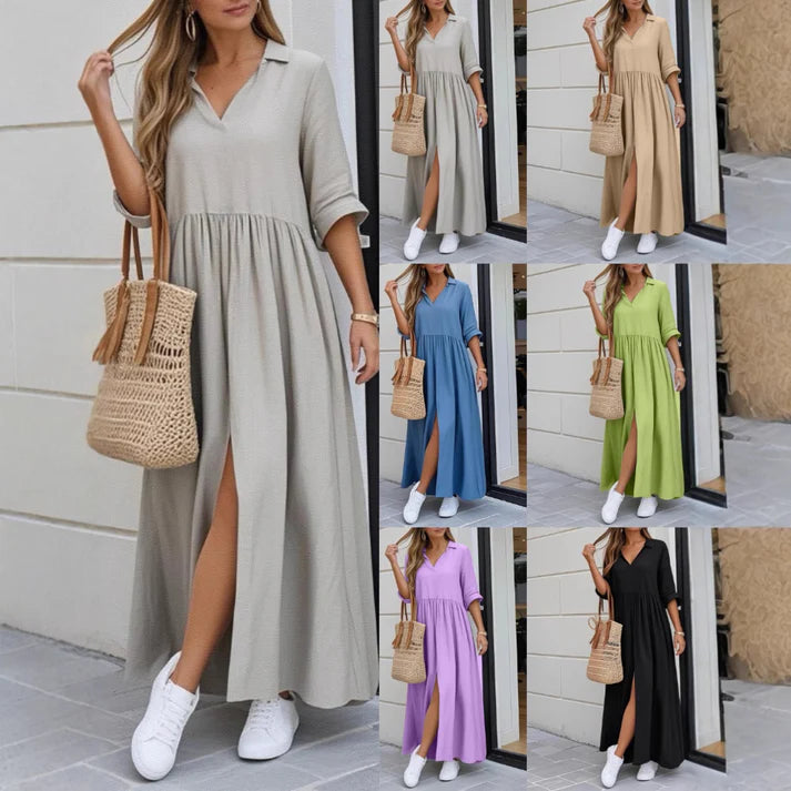 2025 Fashion V-Neck Loose Split Peplum Cotton Linen Solid Long Dress