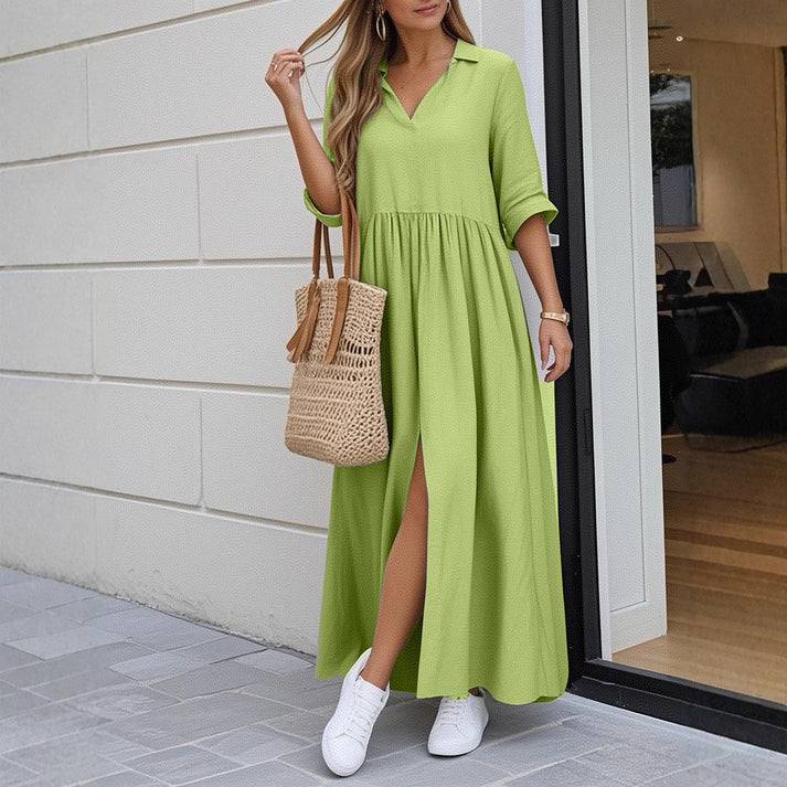 2025 Fashion V-Neck Loose Split Peplum Cotton Linen Solid Long Dress