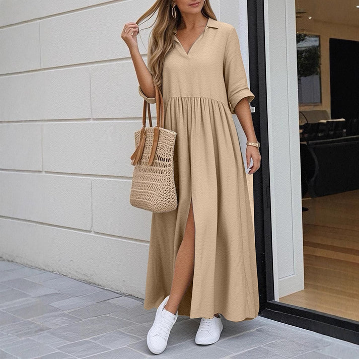 2025 Fashion V-Neck Loose Split Peplum Cotton Linen Solid Long Dress