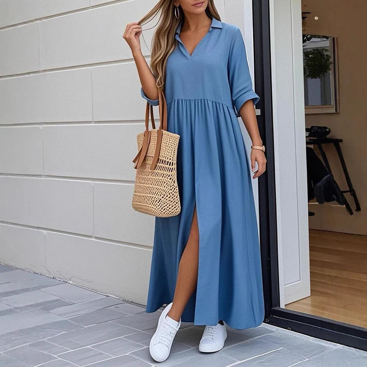 2025 Fashion V-Neck Loose Split Peplum Cotton Linen Solid Long Dress