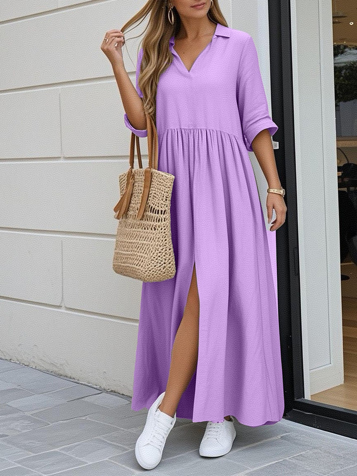 2025 Fashion V-Neck Loose Split Peplum Cotton Linen Solid Long Dress