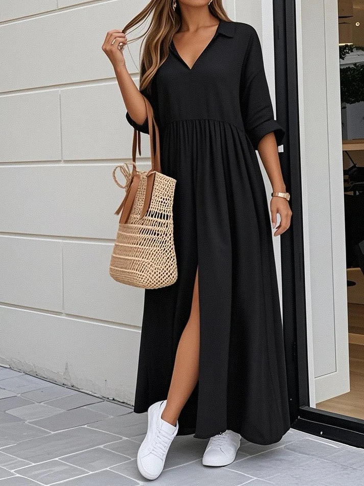 2025 Fashion V-Neck Loose Split Peplum Cotton Linen Solid Long Dress