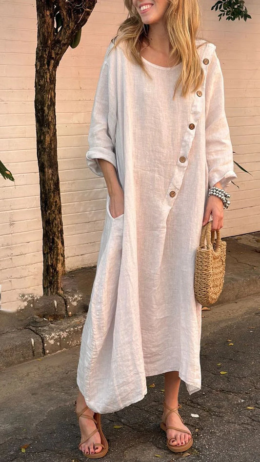 2025 Loose Casual Round Neck Long Sleeve Solid Colour Cotton Linen Dress