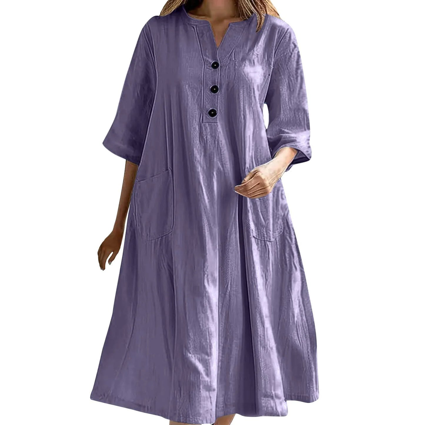 Mid-length V-neck half-sleeve cotton and linen loose version three-button pocket dress