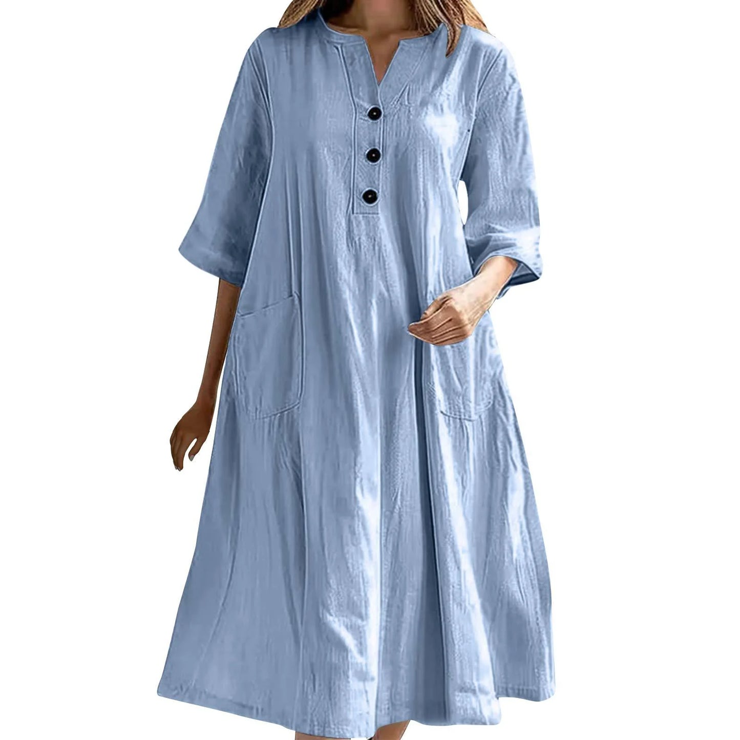 Mid-length V-neck half-sleeve cotton and linen loose version three-button pocket dress