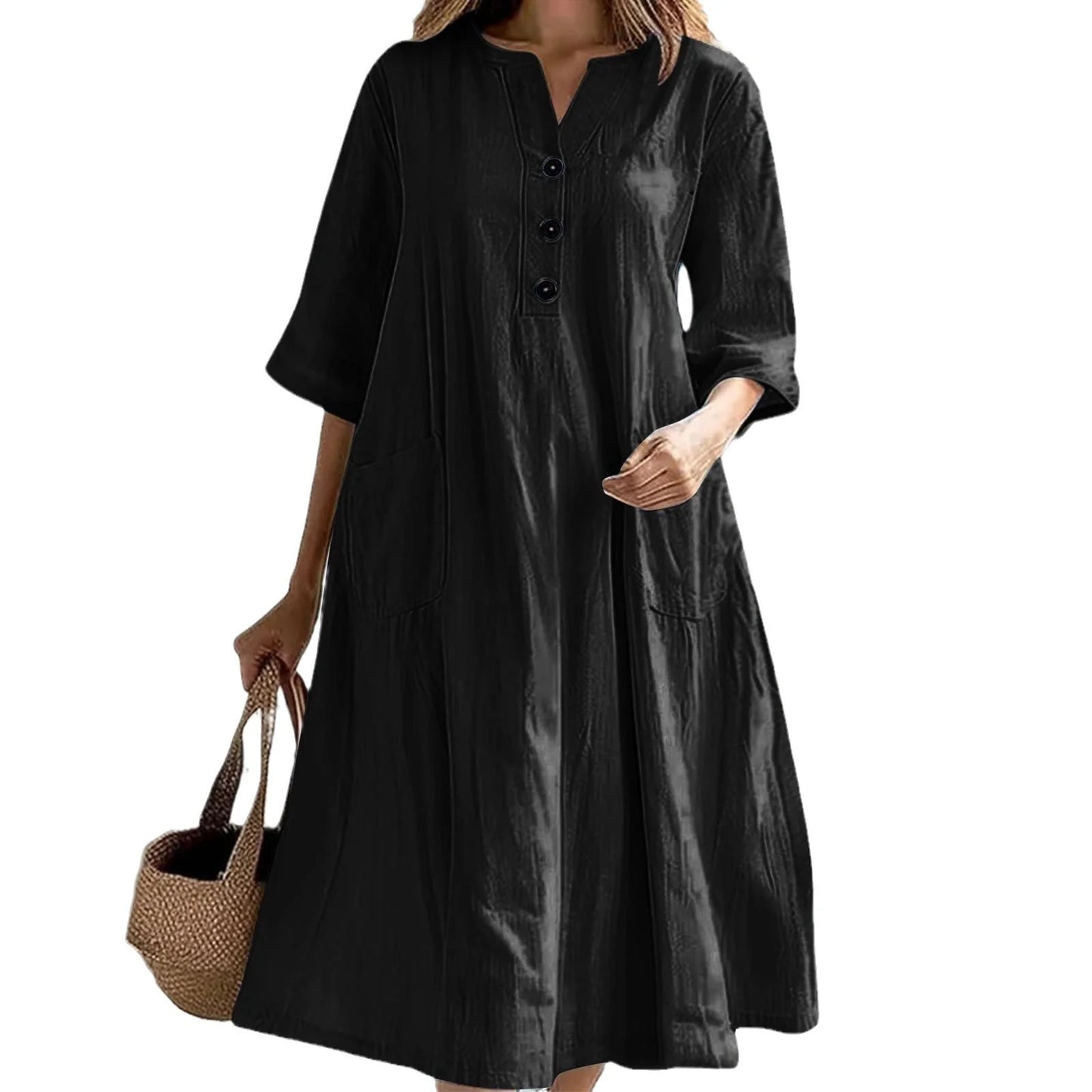 Mid-length V-neck half-sleeve cotton and linen loose version three-button pocket dress