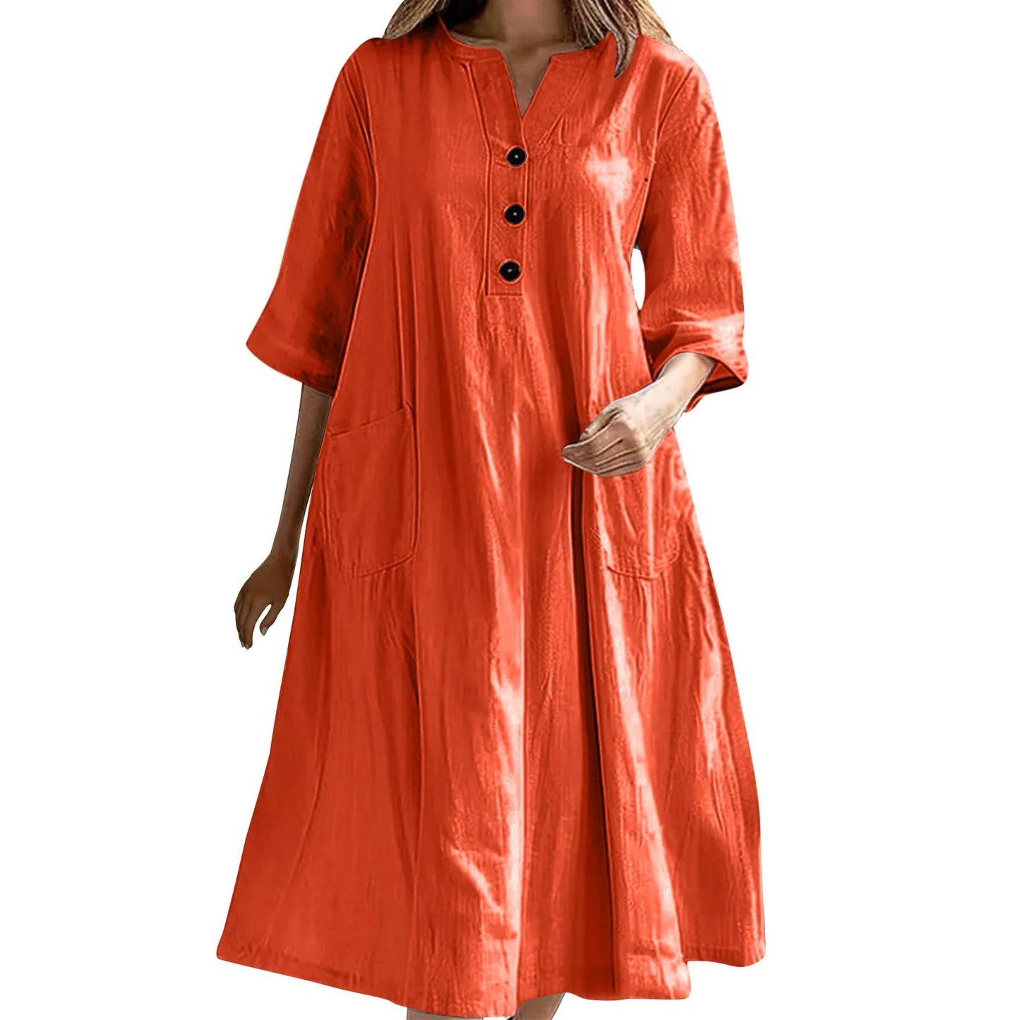 Mid-length V-neck half-sleeve cotton and linen loose version three-button pocket dress