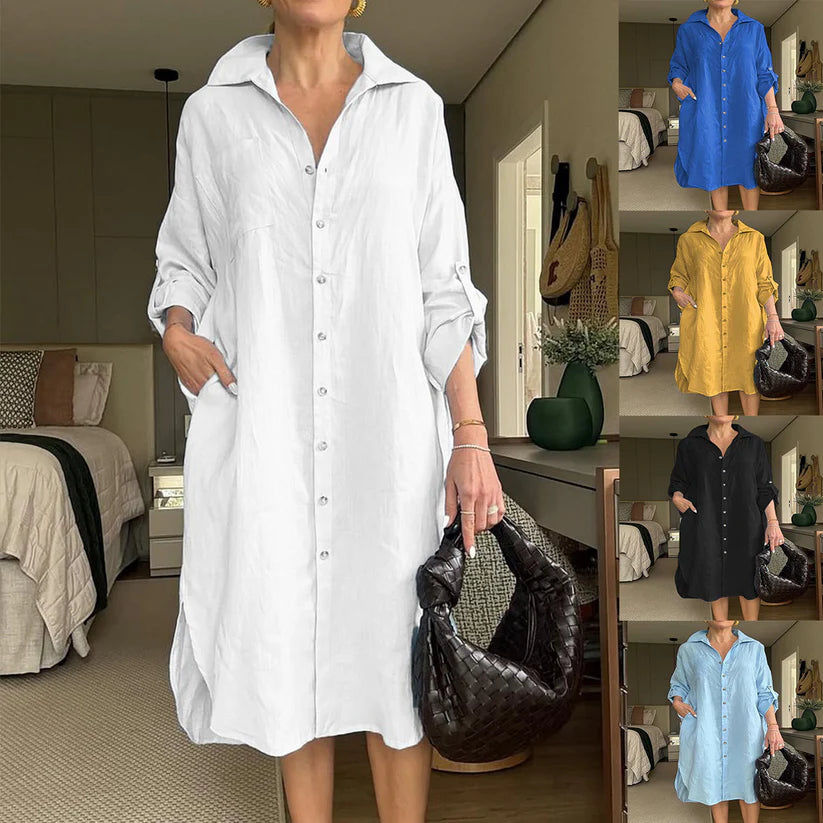 2025 Cotton Linen Shirt Long Dress Fashion Casual Long Sleeve Cardigan Dress